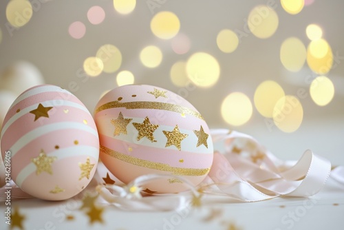 White pink decorated Easter eggs group, light bokeh background. Geometric, stars pattern. Easter Card concept. Place for text. Stylish shiny golden egg pastel color painted. Trendy Easter eggs poster photo