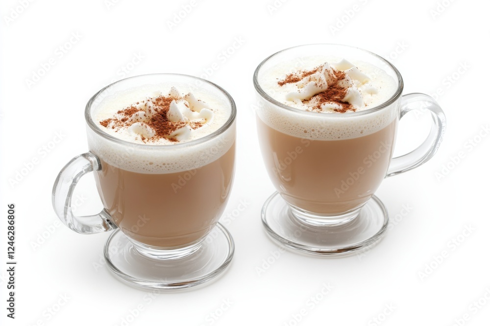 Rich and creamy espresso coffee served in elegant glass mugs on a pristine white backdrop with ample negative space Rich and creamy espresso coffee served in elegant glass mugs on a pristine white backdrop with ample negative space