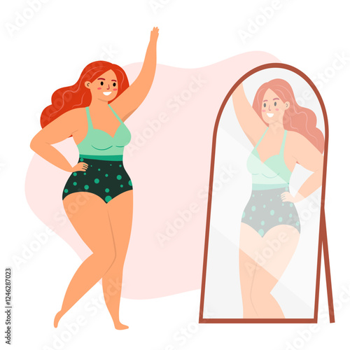 Beautiful woman bikini posing in front of the mirror. Body positive and love your body
