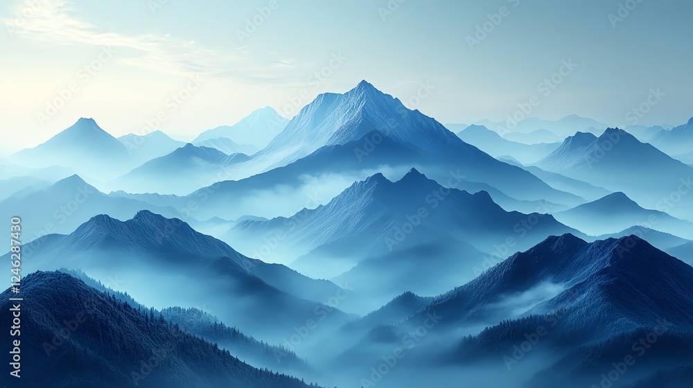 Stunning mountain range shrouded in mist, creating a serene and tranquil atmosphere. Perfect for evoking a sense of peace and natural beauty in any project or media. Stunning mountain range shrouded in mist, creating a serene and tranquil atmosphere. Perfect for evoking a sense of peace and natural beauty in any project or media.