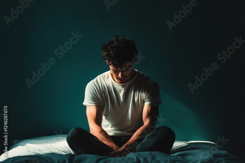Young man shows signs of distress from withdrawal symptoms in dimly lit room