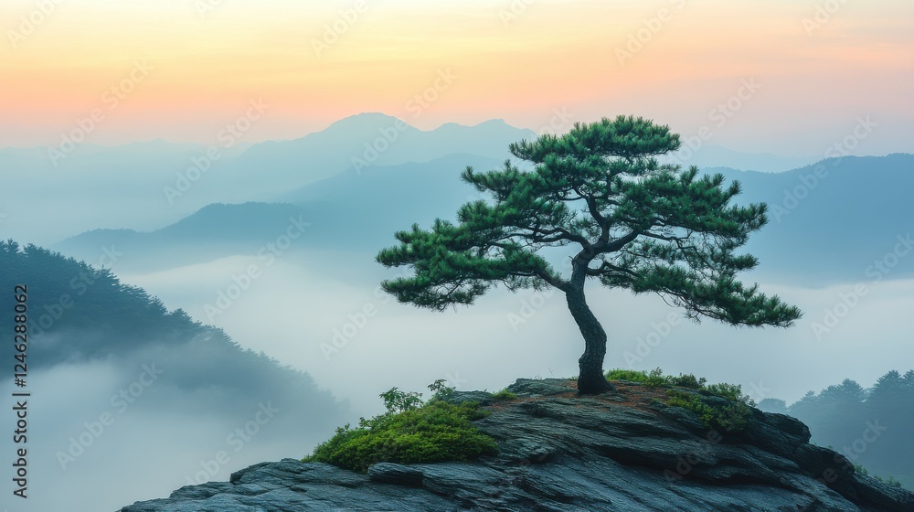 peaceful horizon a solitary tree stands on top of a misty mountain peaceful horizon a solitary tree stands on top of a misty mountain