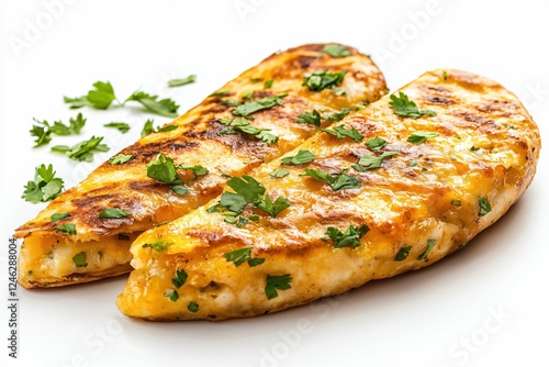 Two grilled chicken breasts garnished with fresh parsley on a bright white background studio shot