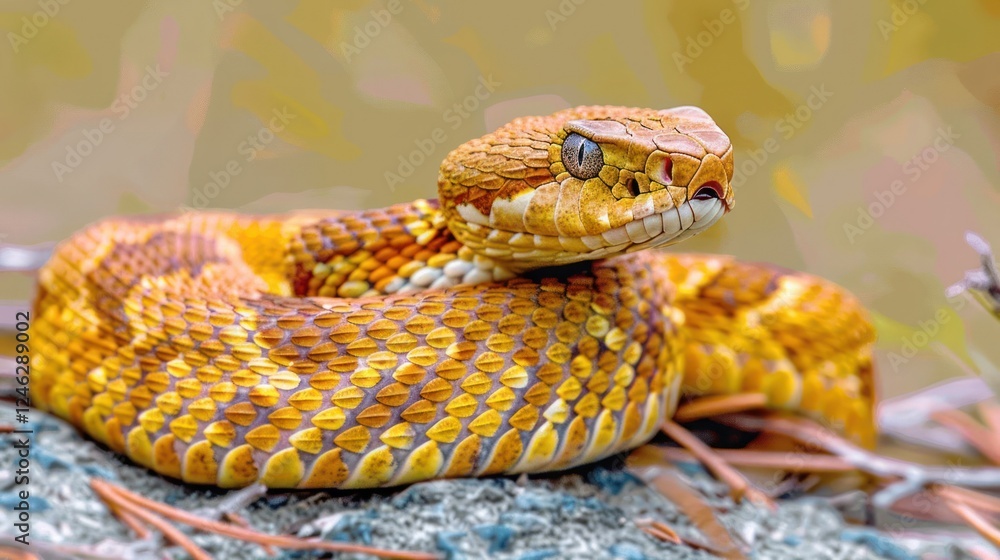 Fototapeta premium Close-up of a vibrant, coiled snake resting on a rock amidst a blurred natural background