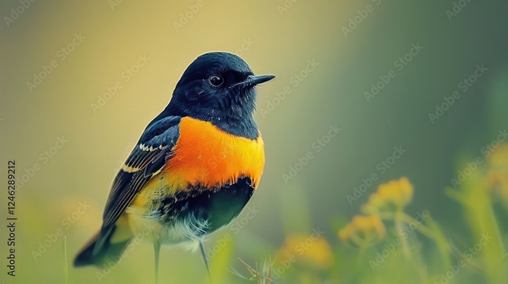 Fototapeta premium Vibrant bird perched gracefully on lush green grass amidst a serene natural backdrop