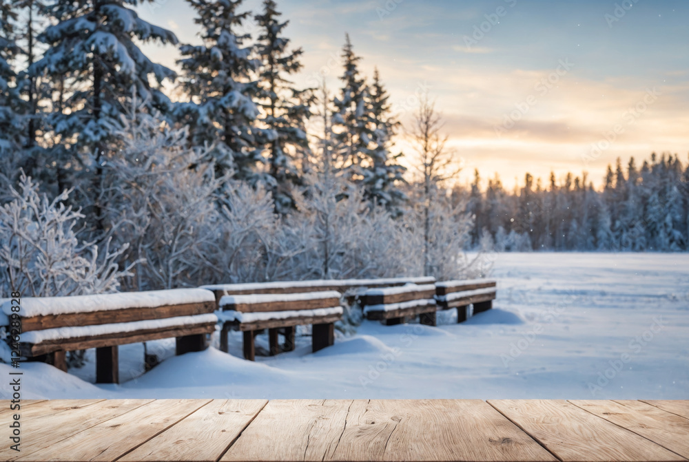 Snow covered benches sit peacefully in a serene winter landscape at golden hour with a wood foreground. Snow covered benches sit peacefully in a serene winter landscape at golden hour with a wood foreground.