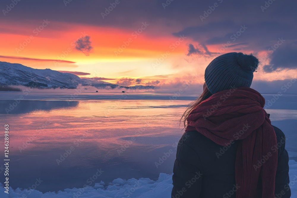 A contemplative woman standing near a frozen lake, gazing at the peaceful winter landscape. A contemplative woman standing near a frozen lake, gazing at the peaceful winter landscape.