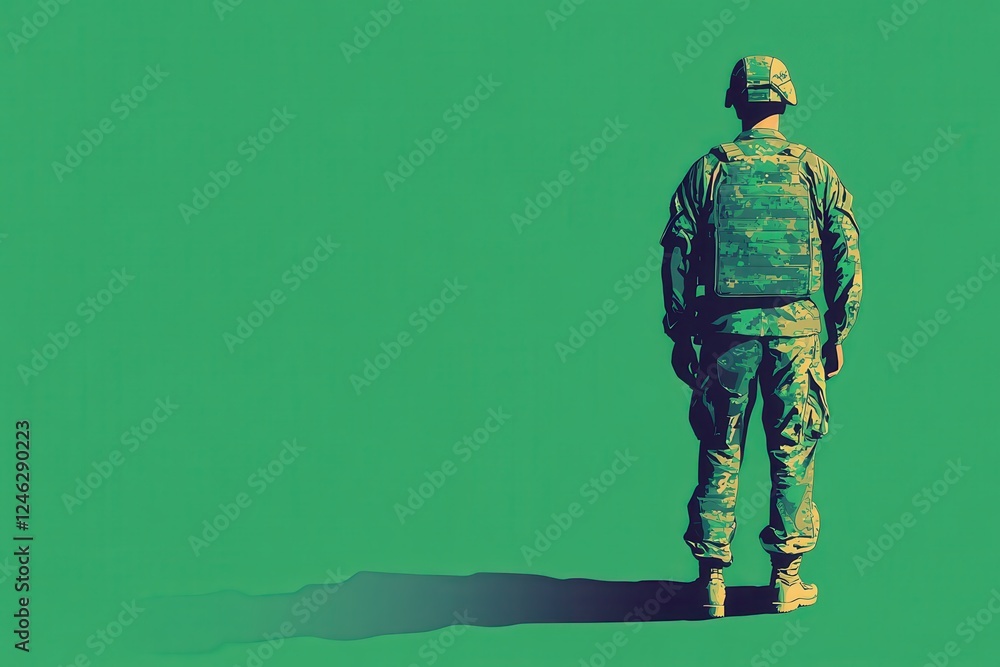 Soldier Standing Alone with Colorful Background in Military Gear Soldier Standing Alone with Colorful Background in Military Gear