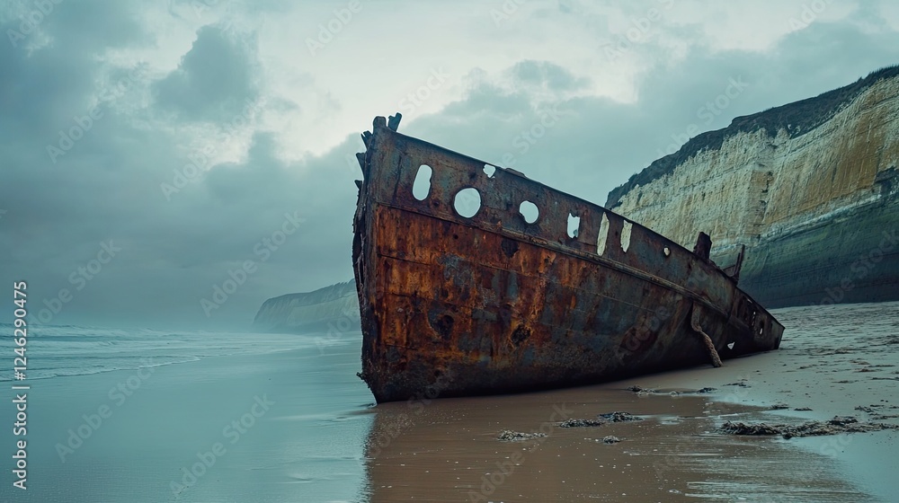 Wrecked Ship on the Shoreline Under a Cloudy Sky, a Remnant of Past Voyages
