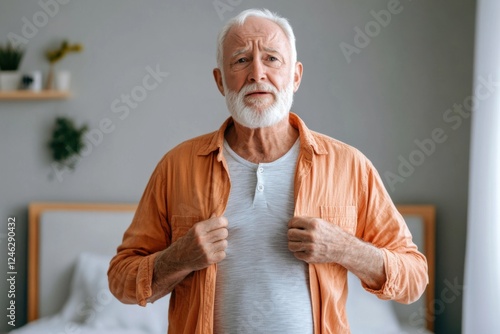 Elderly man struggles to button his shirt in bright bedroom setting photo