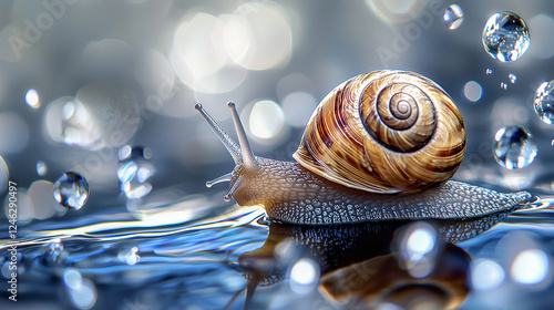 Surreal Macro Snail Crawling on Water Surface in Futuristic Setting