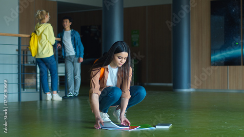 Φωτογραφία Caucasian woman girl female schoolgirl student dropped books fell on floor in sc