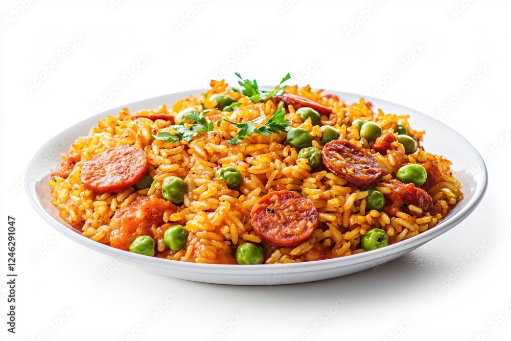 Delicious spanish rice with chorizo and green peas on a white plate studio shot food photography Delicious spanish rice with chorizo and green peas on a white plate studio shot food photography