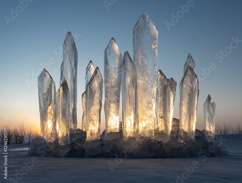 Enchanting ice crystals formation capturing the magical essence of winter sunset photo