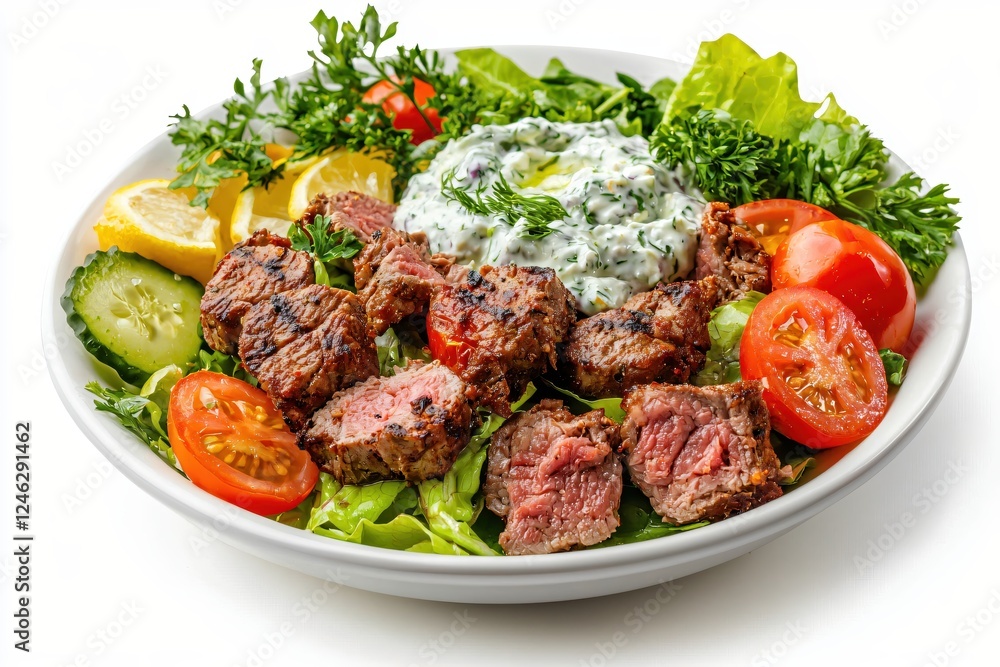 Delicious Beef Salad with Fresh Vegetables and Creamy Tzatziki Sauce on a White Background Delicious Beef Salad with Fresh Vegetables and Creamy Tzatziki Sauce on a White Background