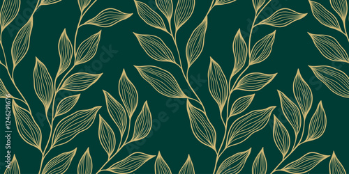 Green and Gold Hand Drawn luxury leaves branch seamless pattern. Floral Leaf Pattern background