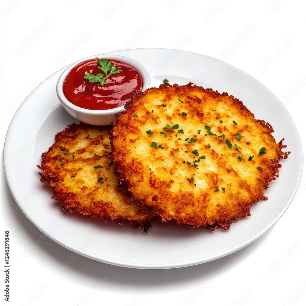 Crispy Potato Pancakes with Ketchup on a Plate Crispy Potato Pancakes with Ketchup on a Plate