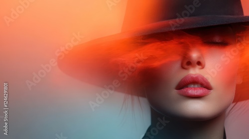 This striking image captures the serene beauty of a woman wearing a black hat, her tranquil expression creating an air of mystery and elegance. photo