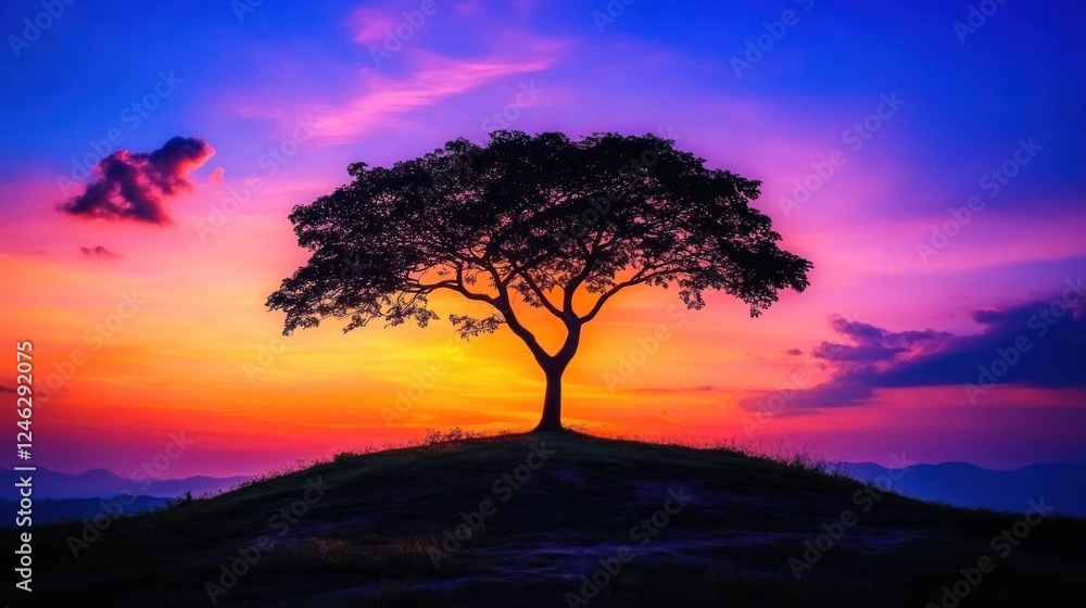 Solitary Tree at Sunset: A Vibrant Landscape Solitary Tree at Sunset: A Vibrant Landscape