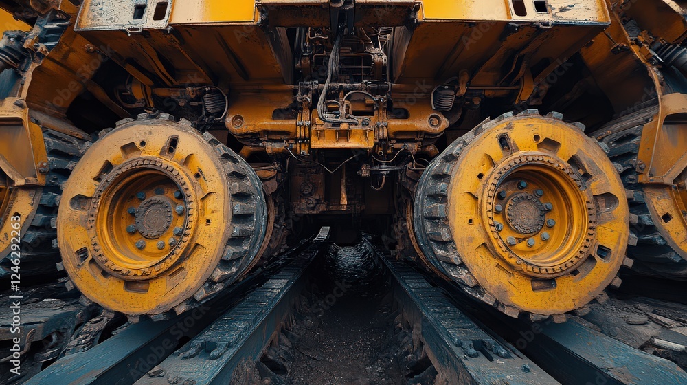 A direct view below a construction vehicle, showing its massive wheels and intricate mechanical details. A direct view below a construction vehicle, showing its massive wheels and intricate mechanical details.