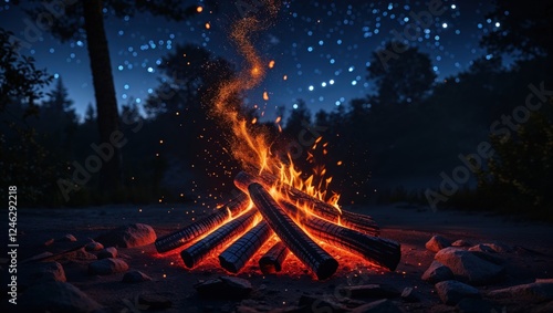 A mesmerizing bonfire crackles under a breathtaking night sky, filled with countless stars. The warm orange and red flames dance against the dark backdrop, creating a magical scene. photo