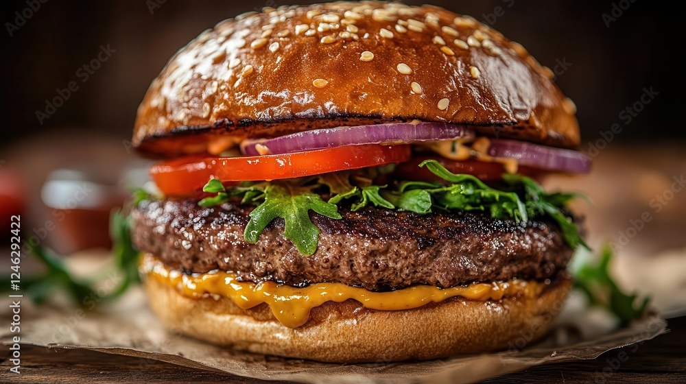 Gourmet burger, close-up of a juicy burger with toppings, rustic table setting Gourmet burger, close-up of a juicy burger with toppings, rustic table setting