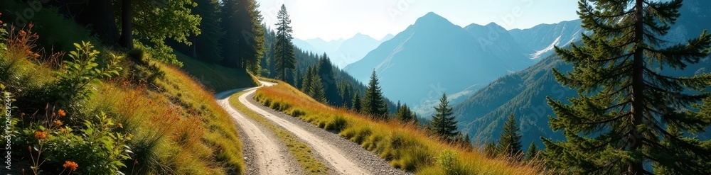 Fototapeta premium Curving track amidst towering trees and distant peaks , active lifestyle, sunshine, training