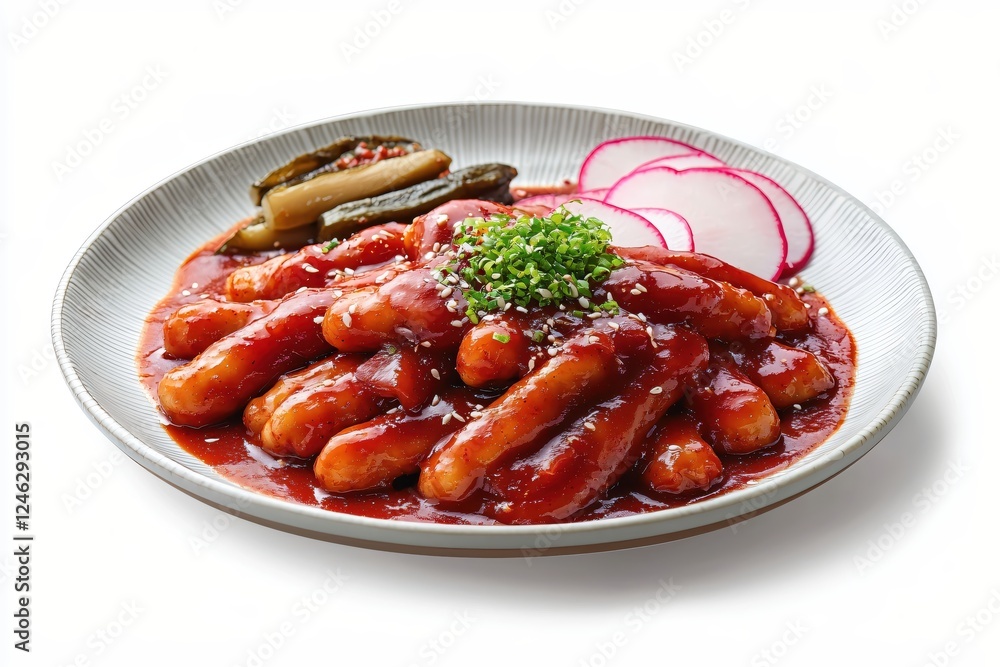 Delicious Tteokbokki Korean Rice Cakes with Gochujang Sauce and Fresh Vegetables on Plate Delicious Tteokbokki Korean Rice Cakes with Gochujang Sauce and Fresh Vegetables on Plate