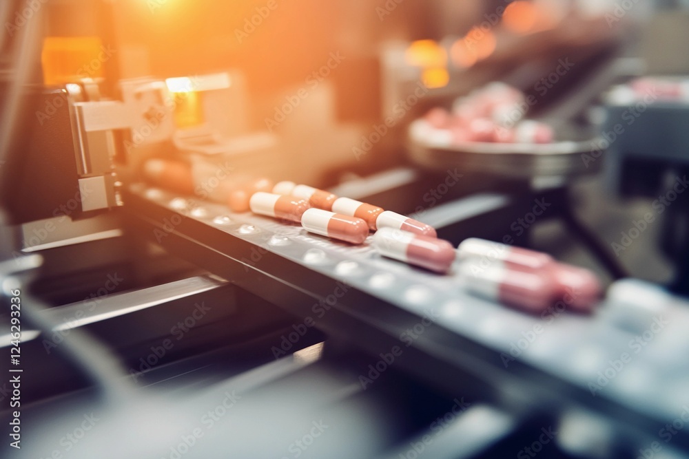 Industrial production line showing the assembly of red and white pills in a manufacturing facility during daylight Industrial production line showing the assembly of red and white pills in a manufacturing facility during daylight