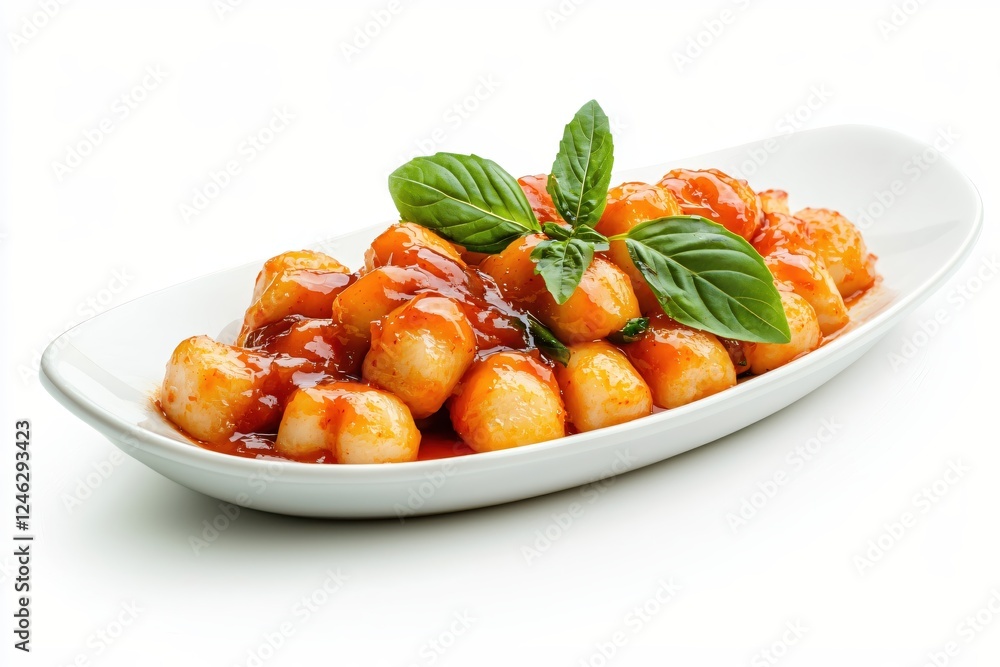 Appetizing Sweet and Sour Meatballs on White Plate Garnished with Fresh Basil Leaves Delight Appetizing Sweet and Sour Meatballs on White Plate Garnished with Fresh Basil Leaves Delight