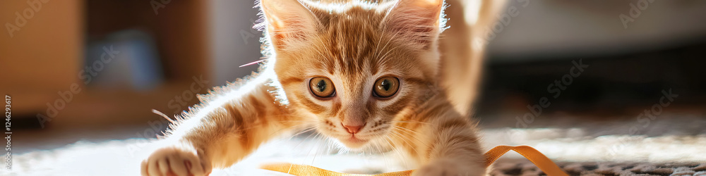 Ginger Kitten Interacting with Gold Ribbon Ginger Kitten Interacting with Gold Ribbon