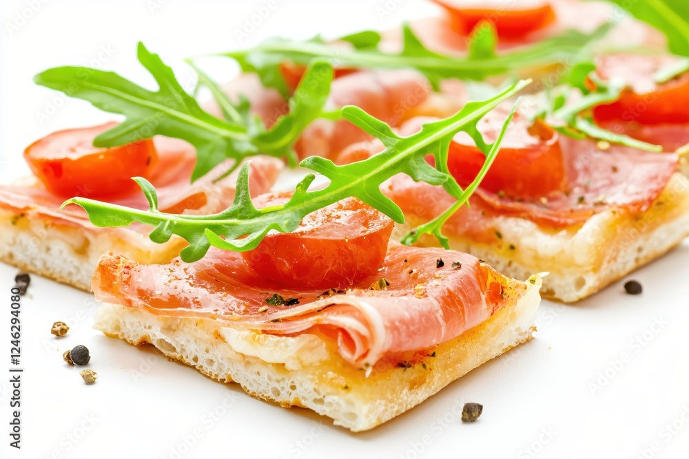 Delicious italian focaccia with prosciutto tomato arugula and pepper on white background Delicious italian focaccia with prosciutto tomato arugula and pepper on white background