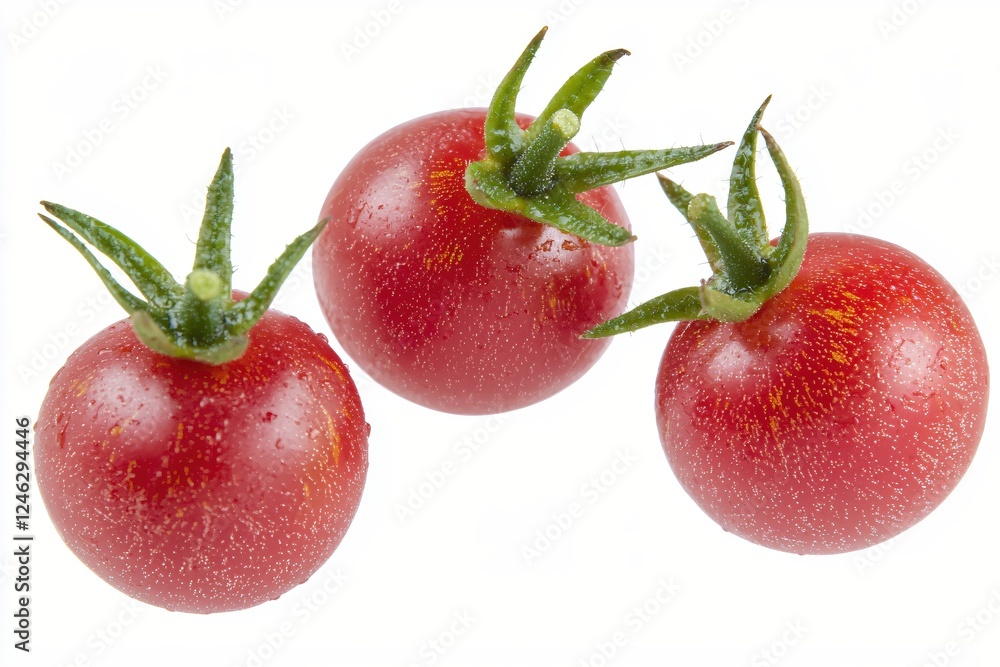 Obraz premium Three fresh red cherry tomatoes with green stems on a clean white background close up view
