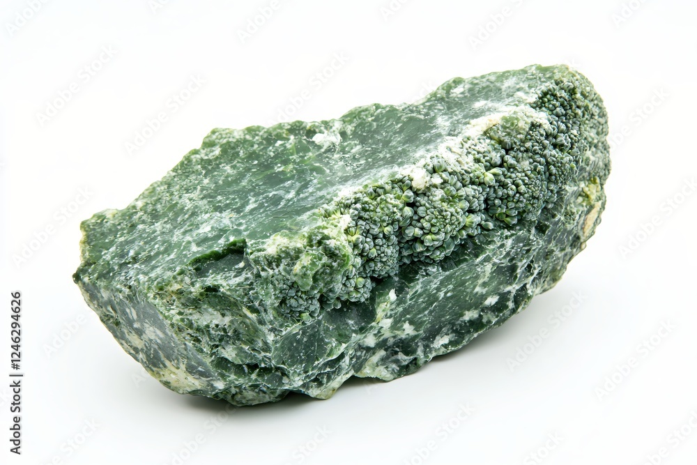 Captivating green nephrite jade stone specimen on a white background showcasing its unique texture Captivating green nephrite jade stone specimen on a white background showcasing its unique texture