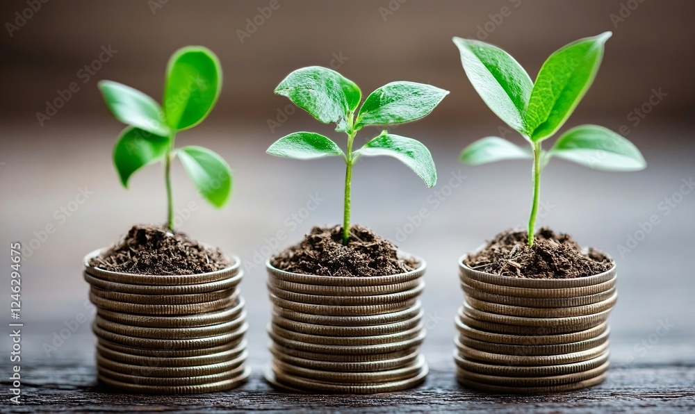 Growing plants on coin stacks symbolizing financial growth and investment on a wooden table Growing plants on coin stacks symbolizing financial growth and investment on a wooden table