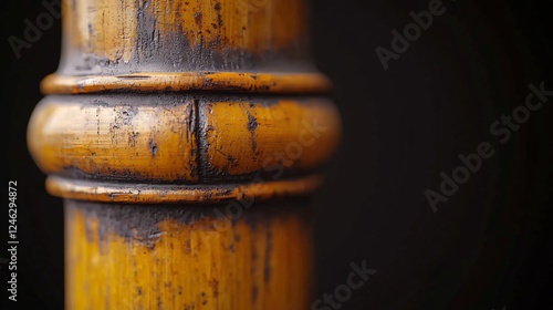 Detailed Shot of Ornate Wooden Post Showing Age and Texture Against Dark Background Ninety Words. photo