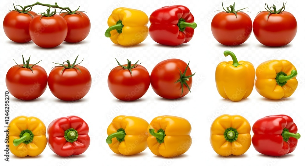 A colorful arrangement of ripe tomatoes and yellow and red bell peppers A colorful arrangement of ripe tomatoes and yellow and red bell peppers
