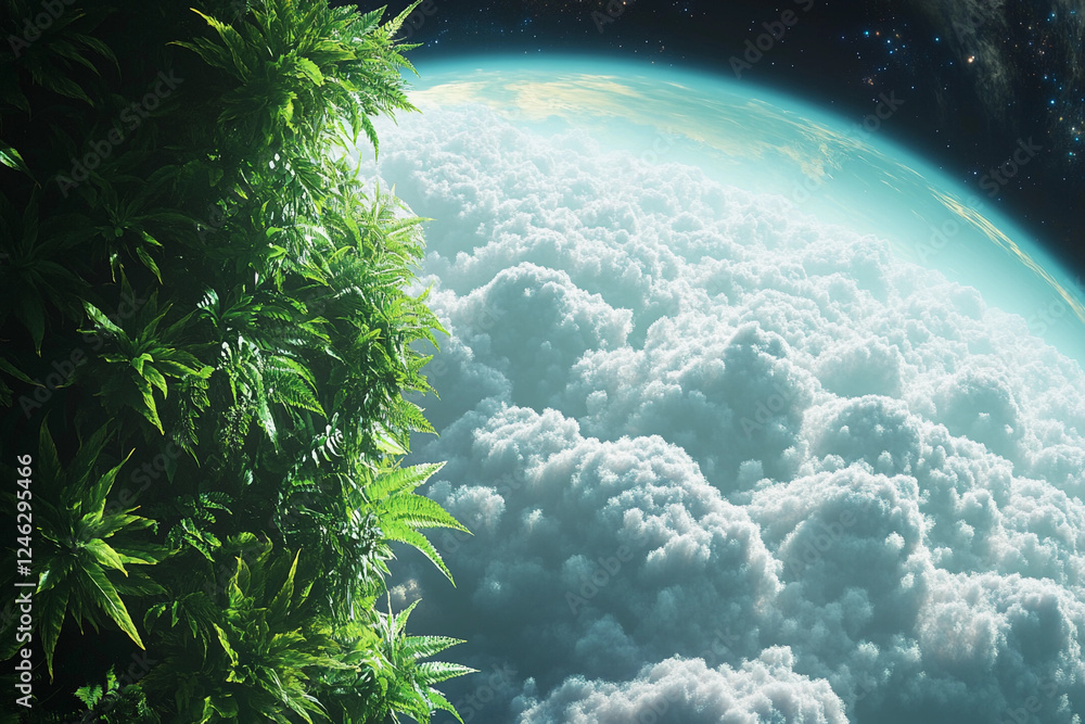 Obraz premium Earth surrounded by lush greenery and clouds in a vibrant, environmental representation