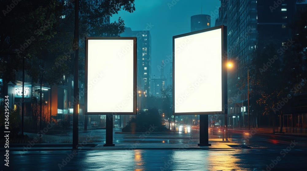 Generative AI Mockup of Blank Billboards in a Rainy Urban Setting with Skyscrapers and City Lights at Night Generative AI Mockup of Blank Billboards in a Rainy Urban Setting with Skyscrapers and City Lights at Night