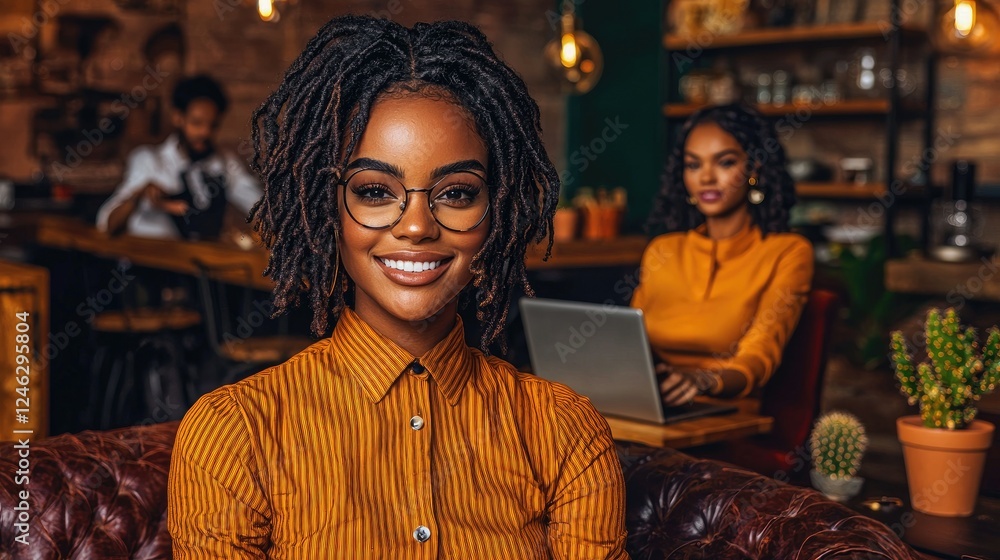 Obraz premium Woman with dreadlocks smiles in a cafe setting