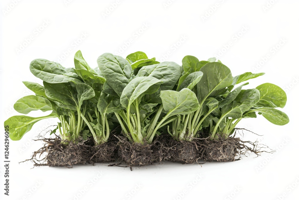 Fresh Spinach Plants with Roots on White Background Healthy Green Vegetable Garden Harvest