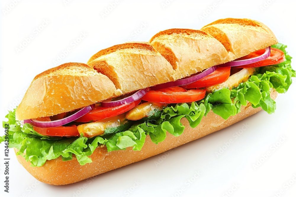 Delicious submarine sandwich with fresh vegetables and chicken on a white background studio shot Delicious submarine sandwich with fresh vegetables and chicken on a white background studio shot
