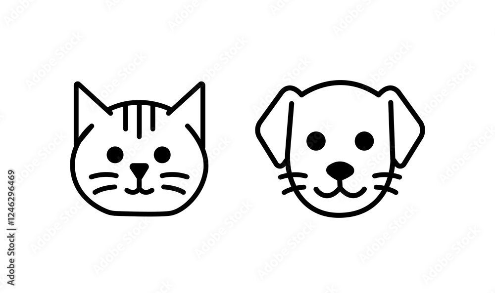 Obraz premium Cat and dog head linear icon, logo, vector.