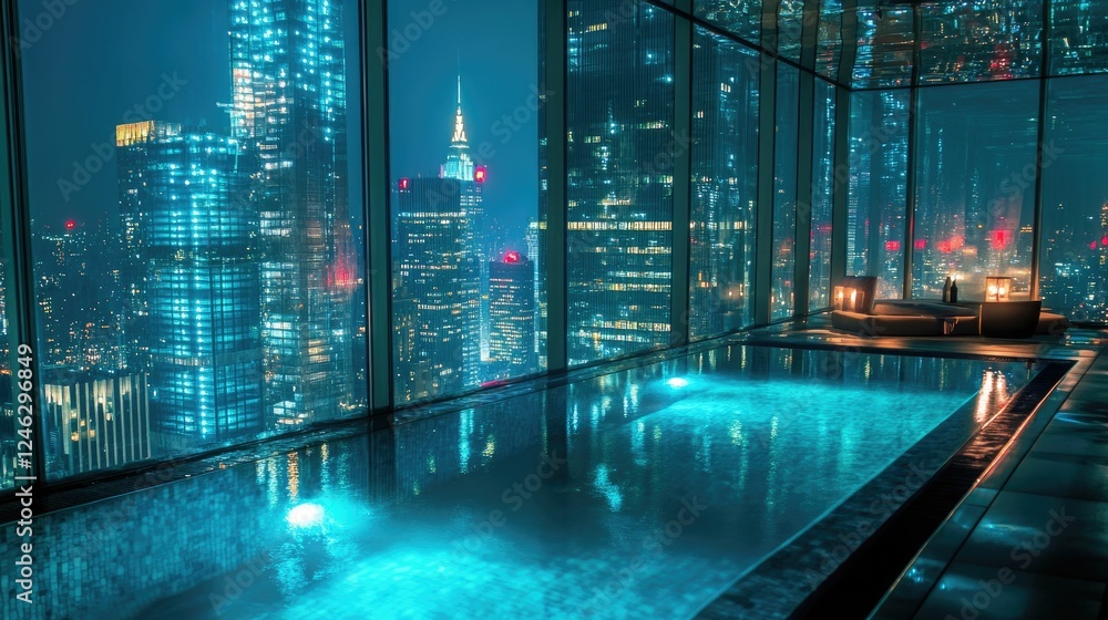 Fototapeta premium Indoor pool, nighttime city view, relaxing ambiance.