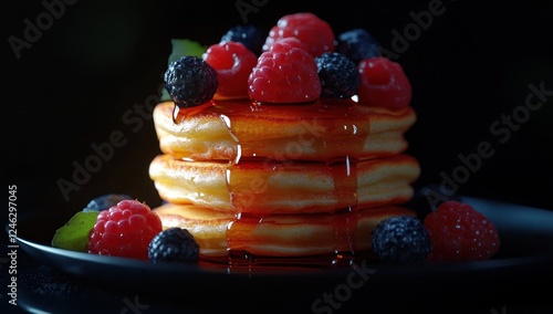 Delicious Pancakes Stack with Berries and Syrup photo