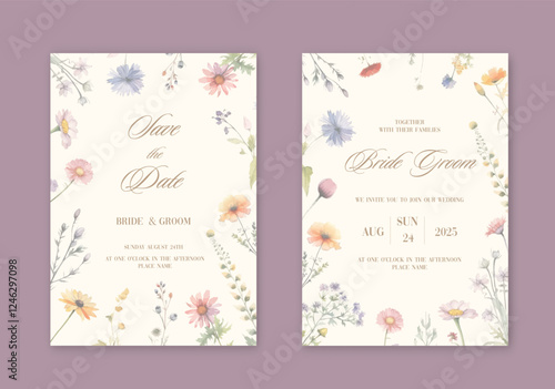 Wedding invitation set with watercolor wild flowers and herbs.