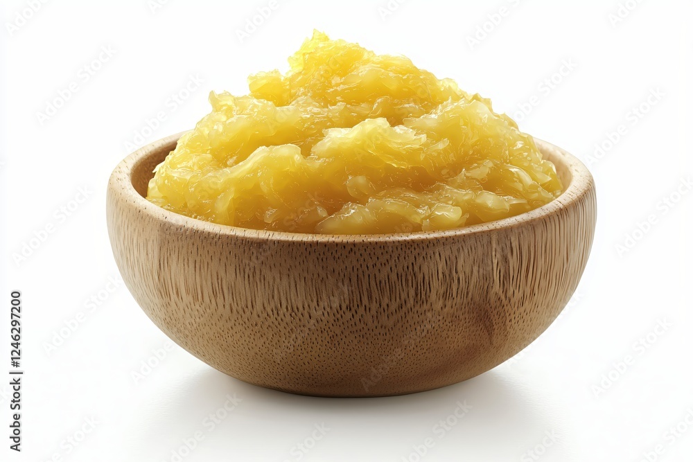 Bright yellow marmalade in a rustic wooden bowl against a clean white background studio shot Bright yellow marmalade in a rustic wooden bowl against a clean white background studio shot