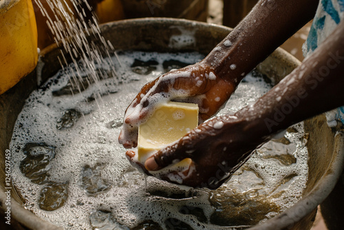 A man washes his hands with soap under running water photo