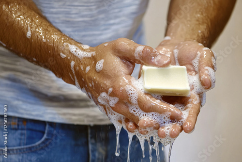 A man washes his hands with soap under running water photo