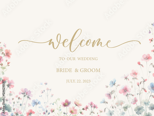 Welcome wedding sign. Calligraphy with watercolor botanical flowers and leaves. Abstract floral art background vector design for wedding invitation and vip cover template.